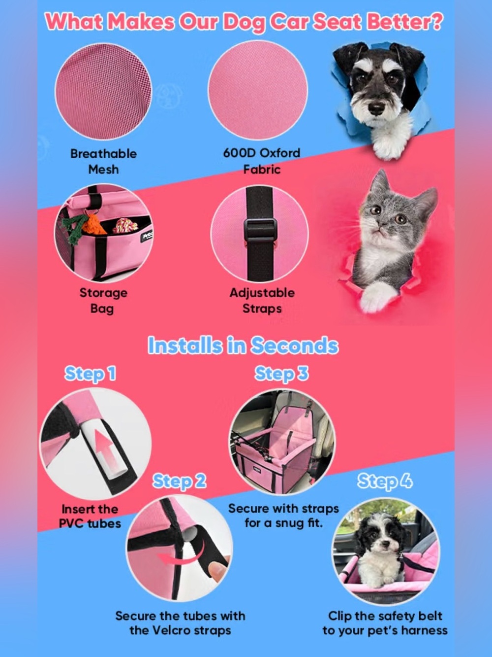 Pink Petbobi Pet Booster Car Seat for Pets Up To 15lbs - Picture 11 of 16
